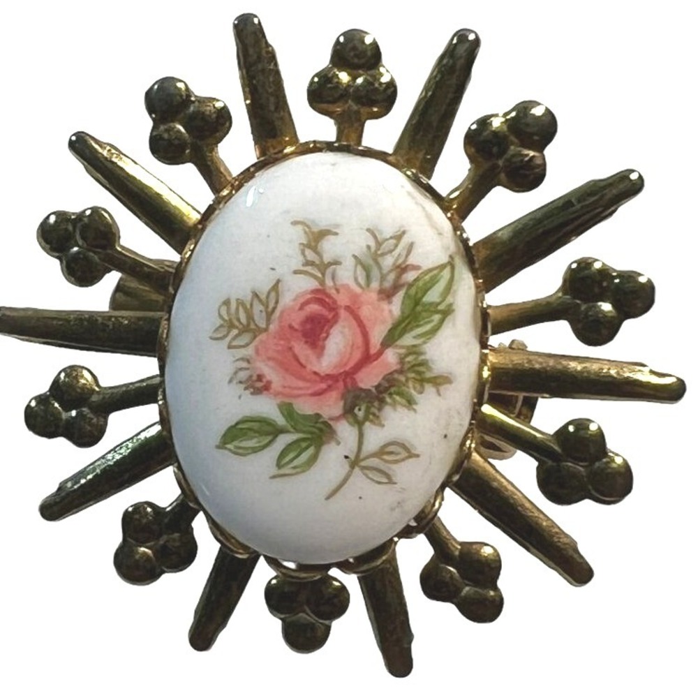 Vintage Flower Brooch Gold Tone Porcelain Inset with Pink Rose